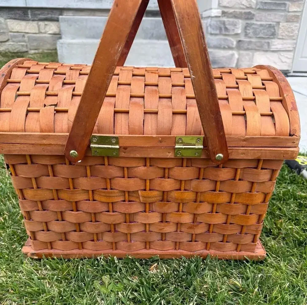 Vintage Wicker Picnic Basket with Red Bandana Print Lining